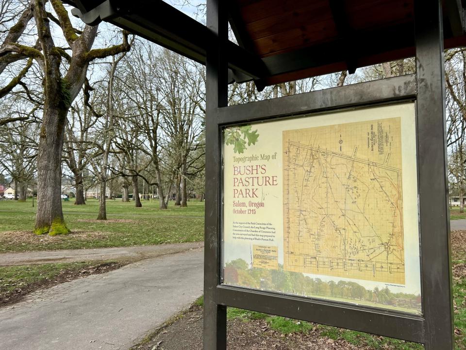 Signage at Bush's Pasture Park includes this topographic map of Bush's Pasture Park, which is a 10-minute walk from downtown Salem and the Oregon State Capitol.