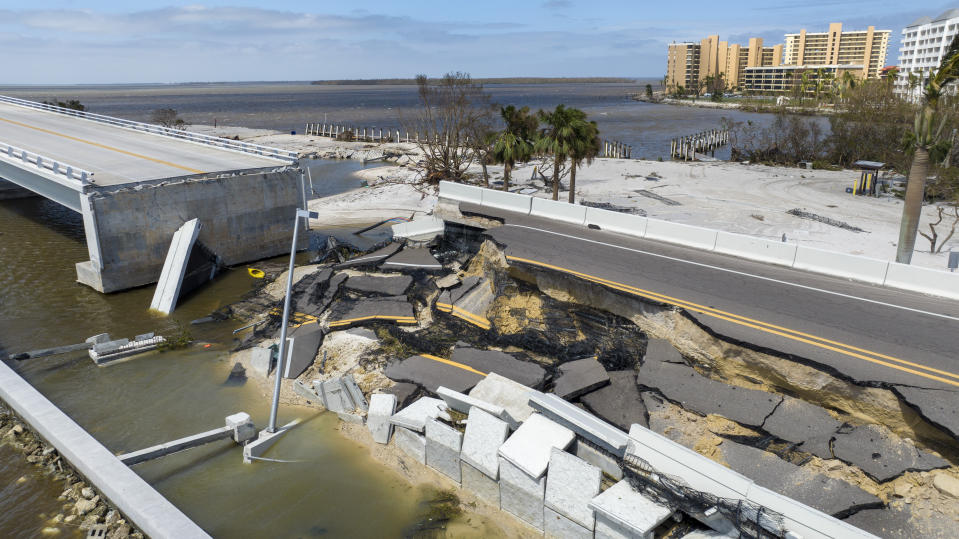 A section of the Sanibel Causeway was lost due to the effects of Hurricane Ian Thursday, Sept. 29, 2022, in Fort Myers, Fla. (AP Photo/Steve Helber)