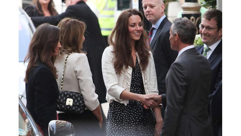 Kate Middleton smiling as she arrived at the Goring Hotel on April 28, 2011 in London, England. 