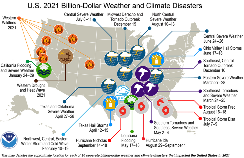 Map of costliest U.S. weather and climate disasters of 2021