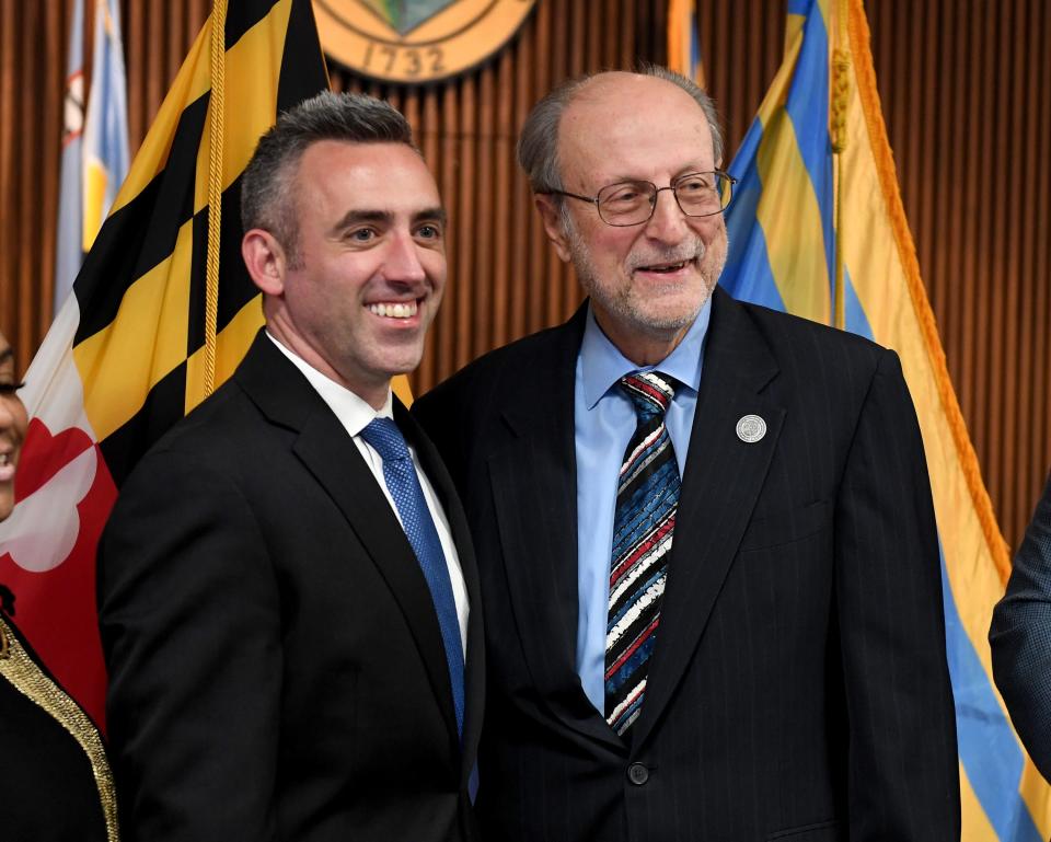 Salisbury Mayor Jake Day, left, with his successor Jack Heath Tuesday, Jan. 17, 2023, at the City of Salisbury Council Chambers in Salisbury, Maryland.