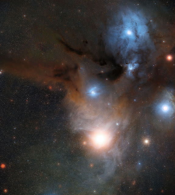 This wide-field view shows the star-forming region Rho Ophiuchi in the constellation of Ophiuchus (The Serpent Bearer), as seen in visible light. This view was created from images forming part of the Digitized Sky Survey 2.