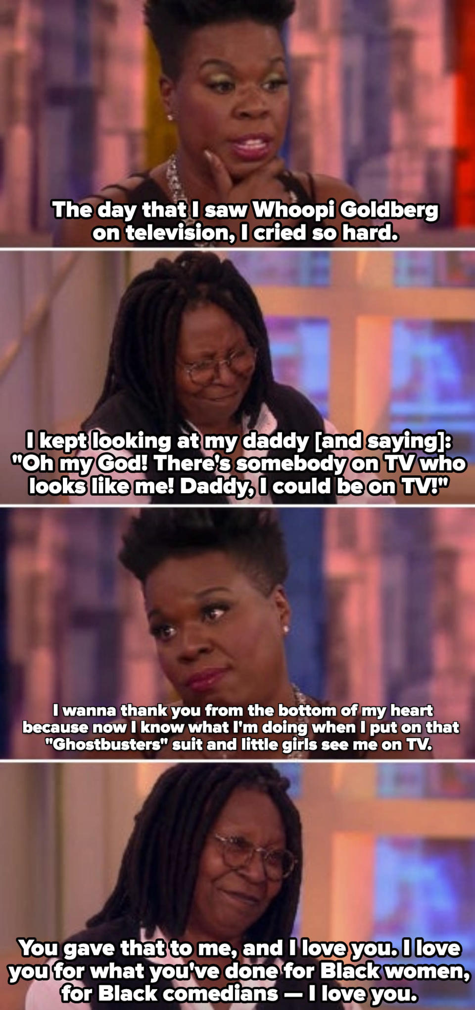 Leslie Jones telling Whoopi: &quot;I wanna thank you from the bottom of my heart because now I know what I&#39;m doing when I put on that &#39;Ghostbusters&#39; suit and little girls see me on TV&quot;