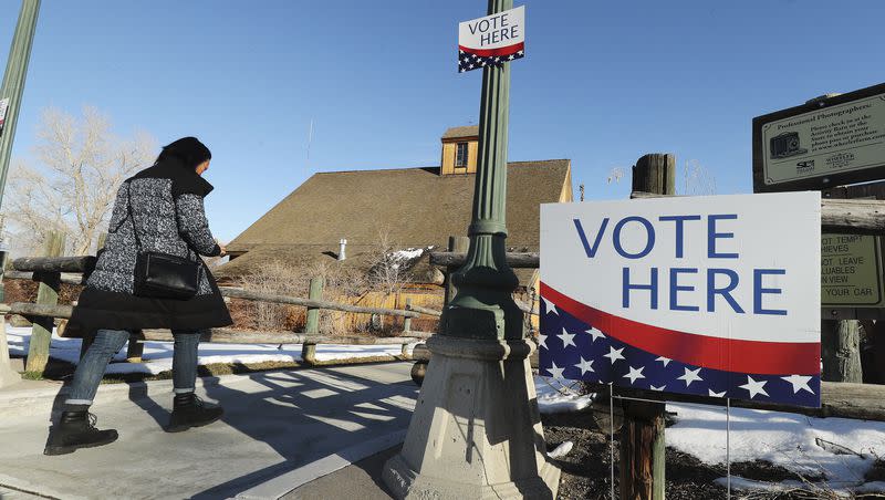 A Utah voter walks to the polls at Wheeler Farm in Murray on Tuesday, March 3, 2020.
