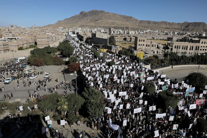 Houthi supporters rally against the designation of Houthis as a foreign terrorist organisation made by the United States, in Sanaa