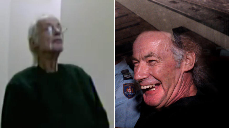 Ivan Milat during an interview with police days before his death (left) and smiling at media on the way to court in 1997 (right)