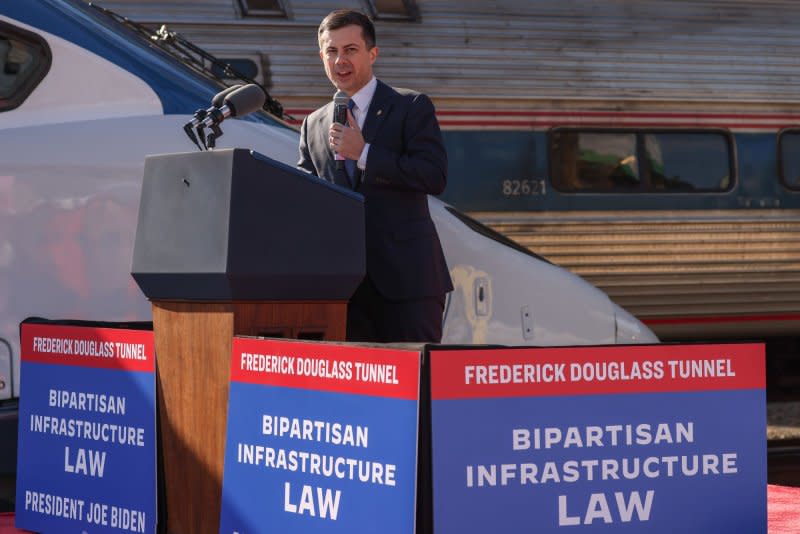 U.S. Transportation Secretary Pete Buttigieg speaks at Pennsylvania Station near a project funded by the Bipartisan Infrastructure Law in Baltimore, MD, Jan. 2023. On Monday, Buttigieg called the high-speed rail groundbreaking “a major milestone in building the future of American rail and the jobs that come with it." File Photo by Jemal Countess/UPI