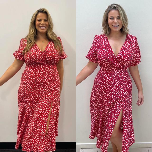 Fiona Falkiner in a red dress before and after her transformation.