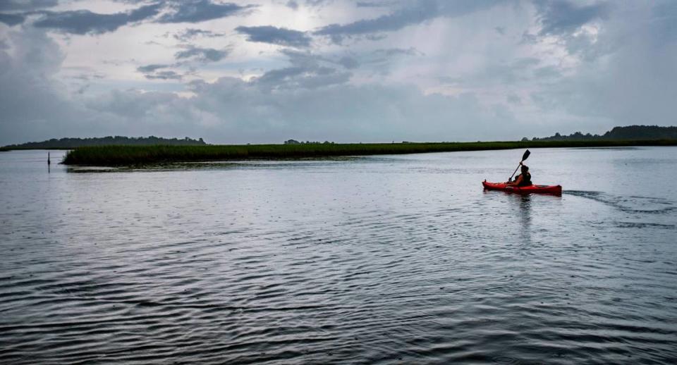 A kayaker paddles alone during low tide in an undeveloped section of Murrells Inlet that is protected by Huntington Beach State Park.