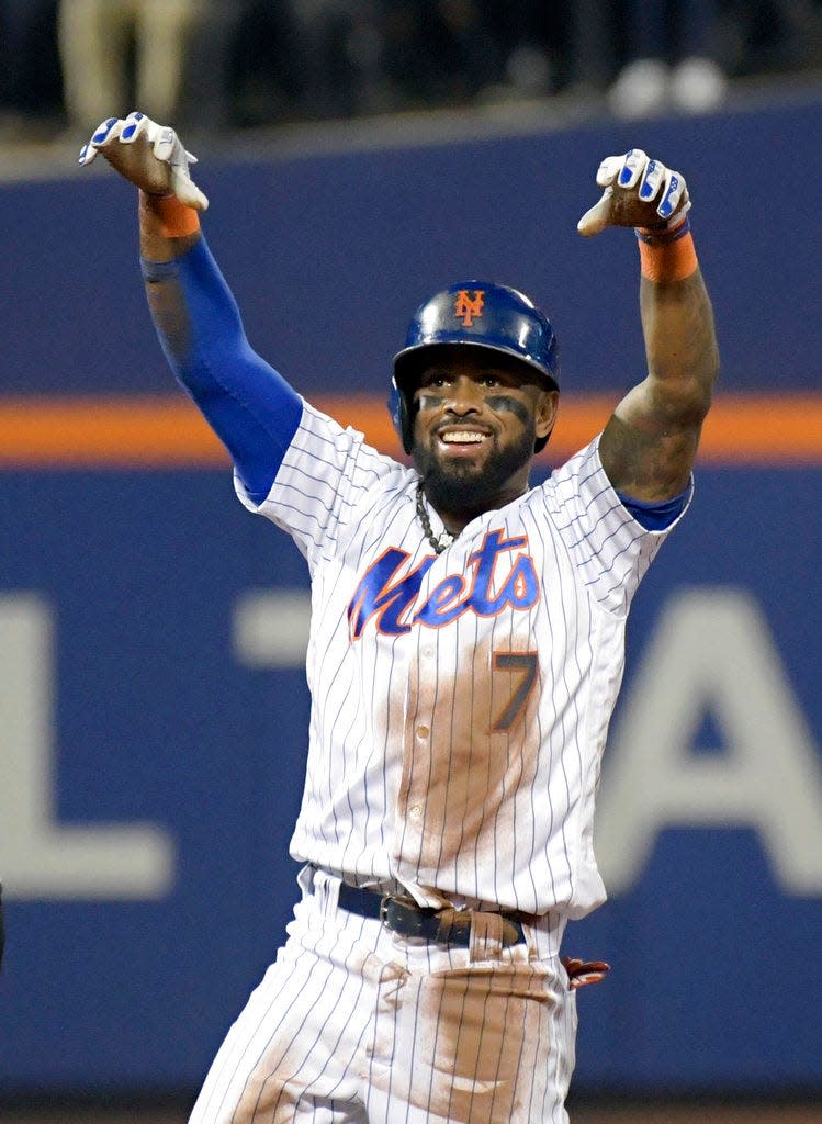 New York Mets shortstop Jose Reyes (7) reacts after hitting a double during the first inning of a baseball game against the Miami Marlins, Saturday, Sept. 29, 2018, in New York
