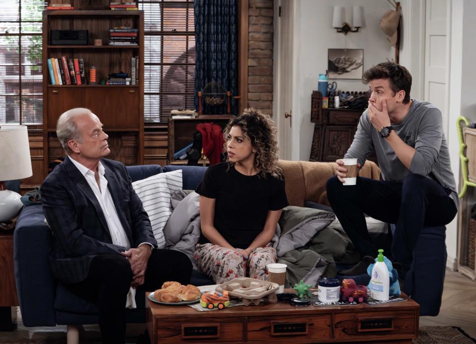 L-R: Kelsey Grammer as Frasier Crane, Jess Salgueiro as Eve and Jack Cutmore-Scott as Freddy in Frasier, episode 2, season 1 streaming on Paramount+, 2023. 

Photo credit: Chris Haston/Paramount+

TM & Â© 2023 CBS Studios Inc. Frasier and related marks and logos are trademarks of CBS Studios Inc. All Rights Reserved.