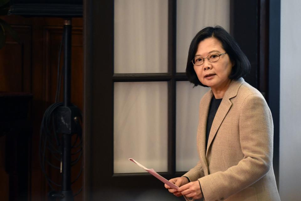 Taiwan's President Tsai Ing-wen arrives for a press conference at the Presidential Palace after the national flag raising ceremony in Taipei on January 1, 2019. (Photo by Sam YEH / AFP)        (Photo credit should read SAM YEH/AFP/Getty Images)