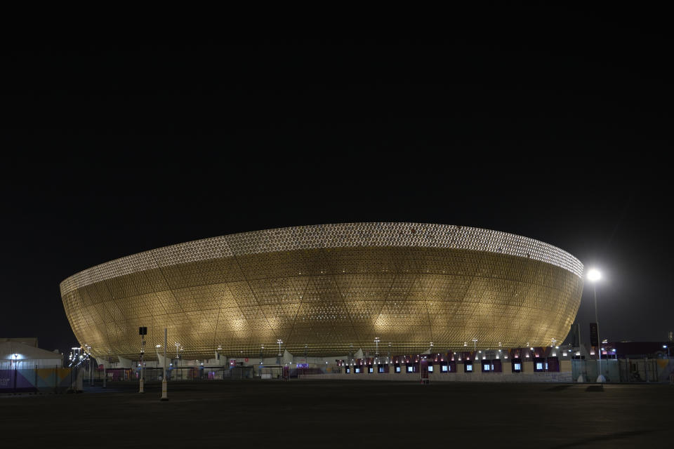 FILE - A general view of the Lusail Stadium in Lusail in Doha, Qatar, Saturday, Nov. 12, 2022. An advertising regulator says FIFA made false claims about last year's World Cup in Qatar being carbon neutral. The Swiss Commission for Fairness says FIFA was “not able to provide proof that the claims were accurate.” (AP Photo/Hassan Ammar, File)