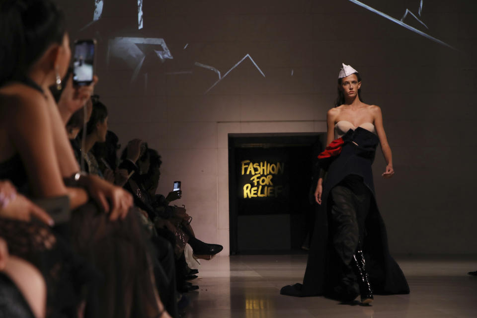 A model walks the runway at the Fashion For Relief charity event in central London, Saturday, Sept. 14, 2019. (Photo by Vianney Le Caer/Invision/AP)