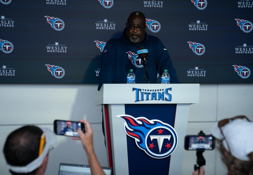 Titans Asst. Head Coach Terrell Williams fields questions after practice at the Tennessee Titans practice facility, Ascension Saint Thomas Sports Park Thursday morning, Aug. 10, 2023. Williams will be the acting head coach for the Titans first preseason game of the season against the Chicago Bears,