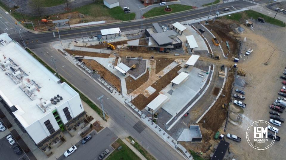 A drone image from March 2024 shows a bird's-eye view of the construction of Nashville's new Dr. Ernest Rip Patton, Jr. North Nashville Transit Center, located at the intersection of Charlotte Pike and 26th Avenue.