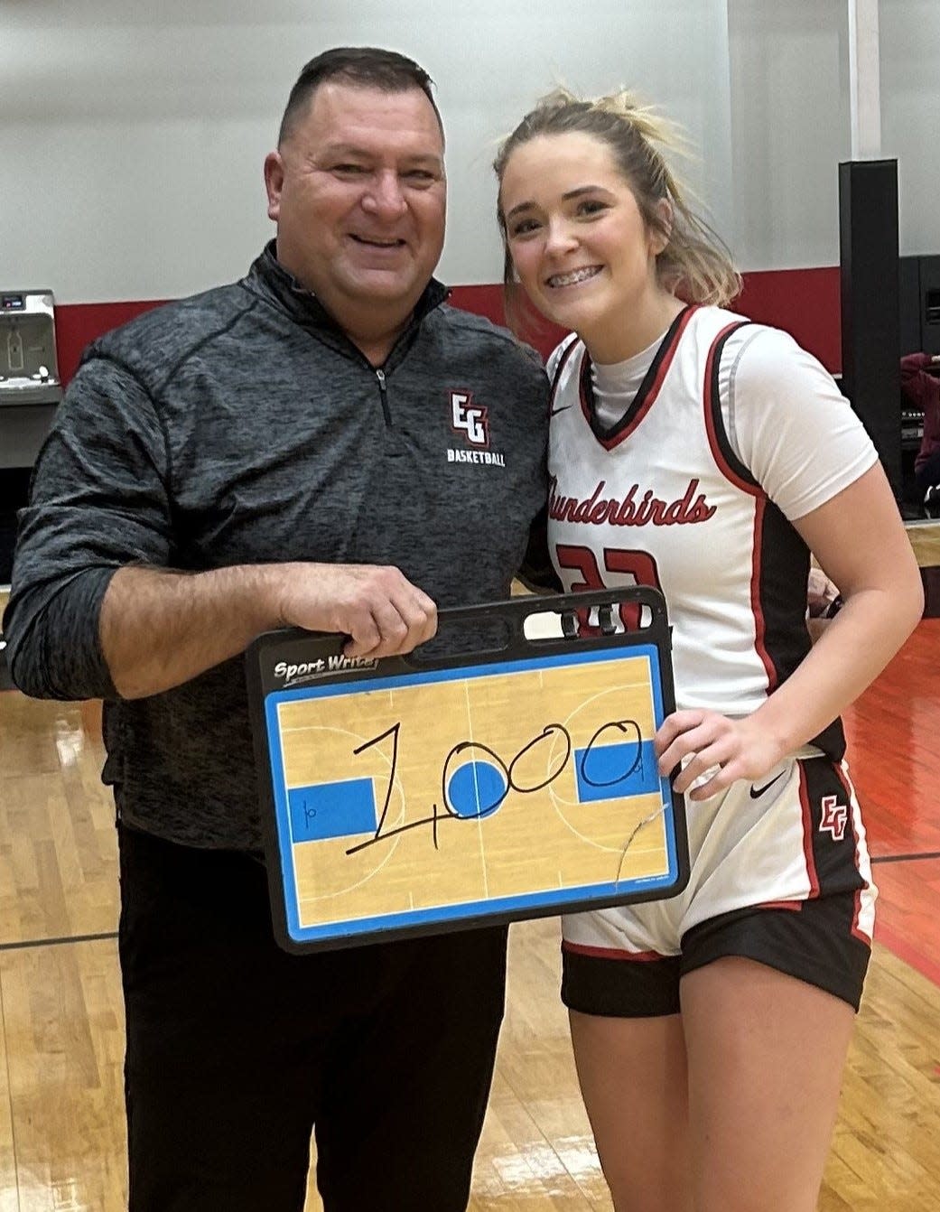 Eastern Greene girls basketball coach Joe Pigg and senior Keylee Hudson celebrate Hudson's 1,000th career point, which came in a 69-56 win over North Daviess on Wednesday, Dec. 20, 2023.