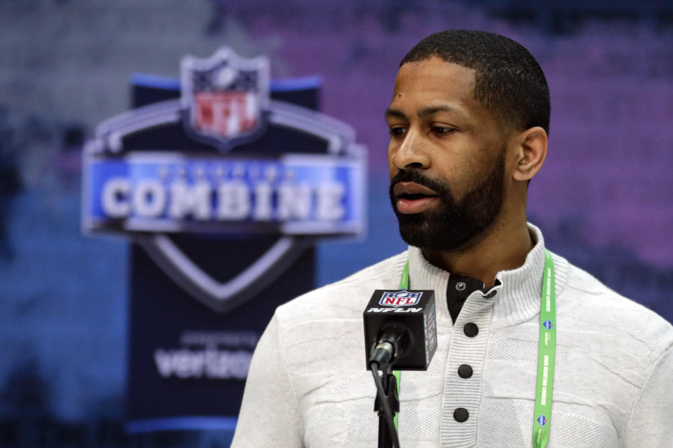 FILE - In this Feb. 25, 2020, file photo, Cleveland Browns general manager Andrew Berry speaks during a press conference at the NFL football scouting combine in Indianapolis. Berry said Tuesday that star receiver Odell Beckham Jr. has been fully committed to reporting to the team's facility. (AP Photo/Michael Conroy, File)