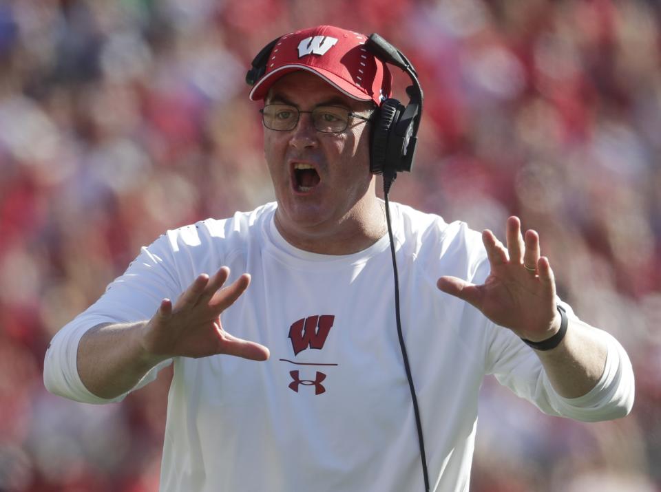 Wisconsin head coach Paul Chryst argues a call during the first half of an NCAA college football game against BYU Saturday, Sept. 15, 2018, in Madison, Wis. (AP Photo/Morry Gash)