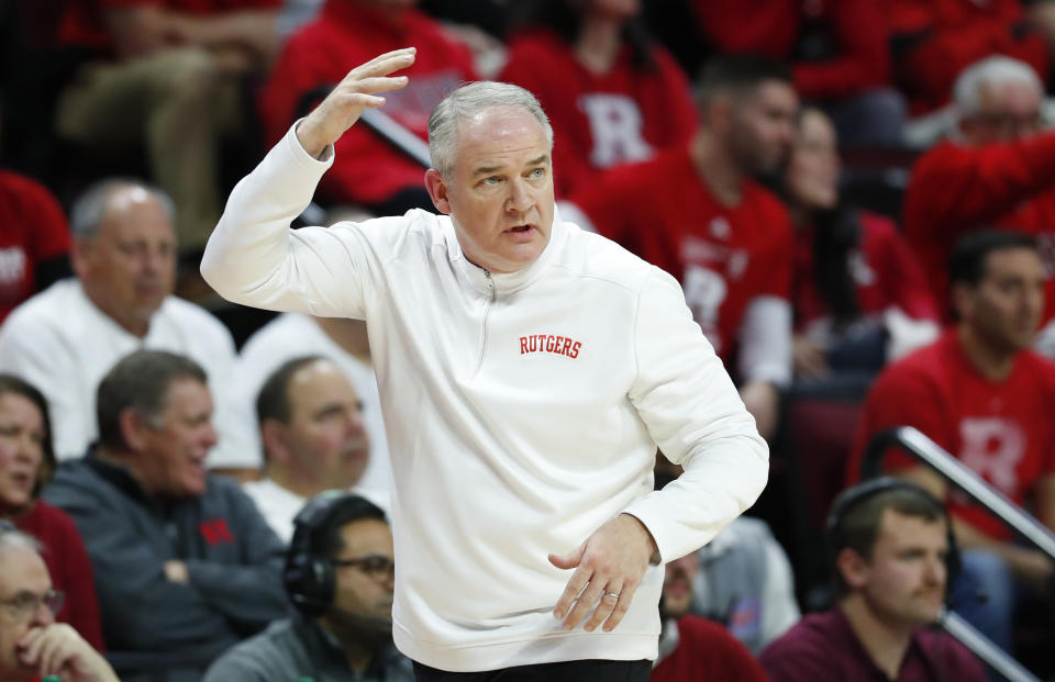 Rutgers head coach Steve Pikiell coaches against Northwestern during the first half of an NCAA college basketball game, Sunday, Mar.5, 2023, in Piscataway, N.J. (AP Photo/Noah K. Murray)