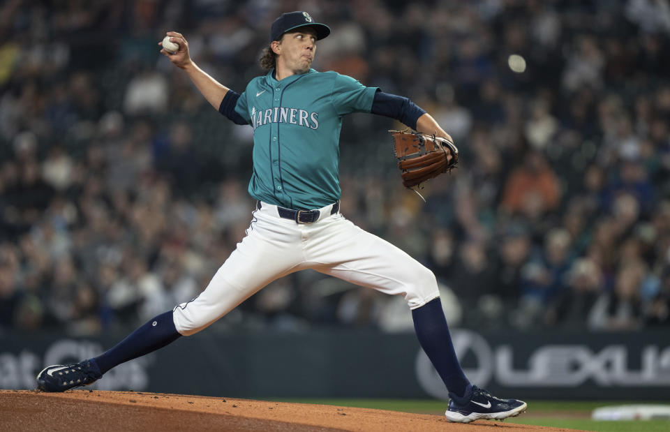 Seattle Mariners starter Logan Gilbert delivers a pitch during the first inning of the team's baseball game against the Boston Red Sox, Saturday, March 30, 2024, in Seattle. (AP Photo/Stephen Brashear)