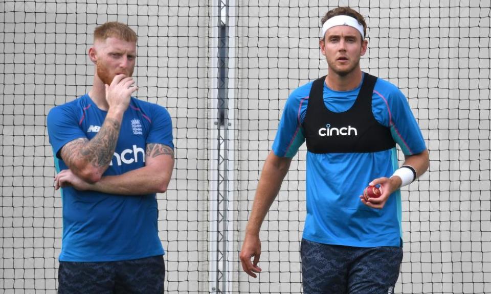 Ben Stokes (left) and Stuart Broad in a net session at the Gabba on Monday. Both are expected to return to the starting XI for Wednesday’s first Ashes Test.