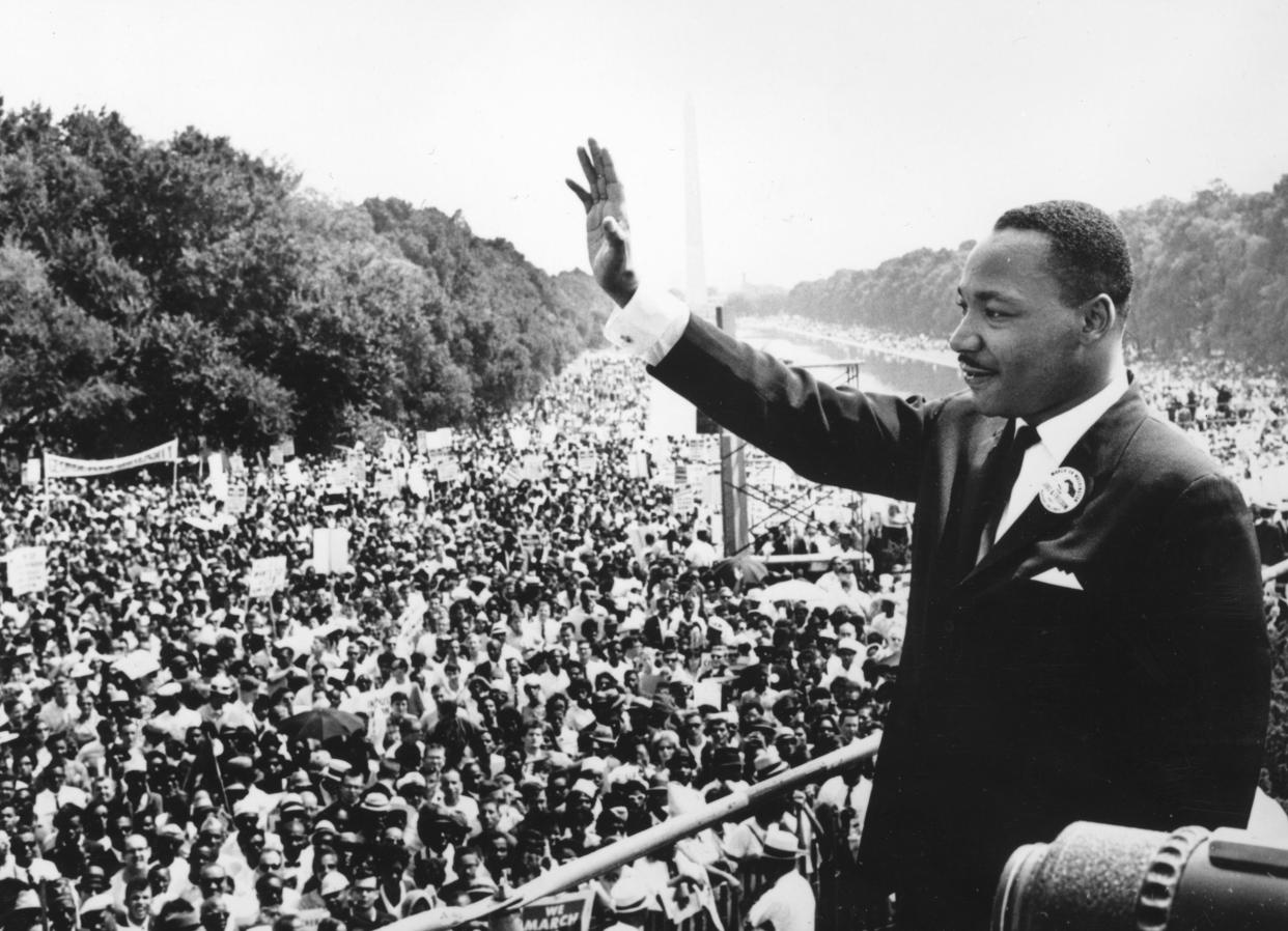 Black American civil rights leader Martin Luther King (1929 - 1968) addresses crowds during the March On Washington at the Lincoln Memorial, Washington DC, where he gave his 'I Have A Dream' speech.   (Photo by Central Press/Getty Images)