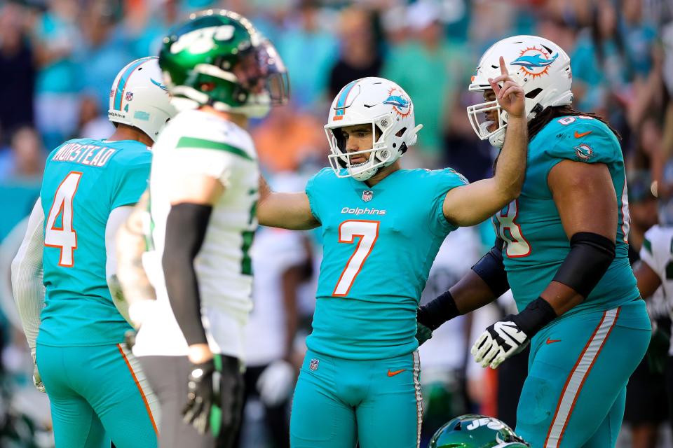 Dolphins kicker Jason Sanders celebrates after kicking a field goal during the final minute of the fourth quarter against the New York Jets at Hard Rock Stadium.