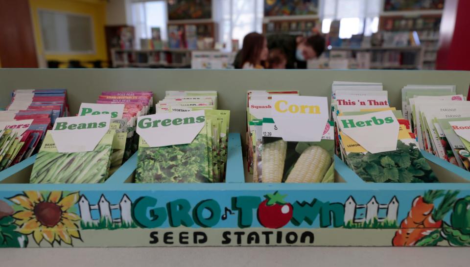 Seeds that Danielle Carlomusto, 44, of Grosse Pointe Woods, of Gro-Town had donated to the children's library at the main branch of the Detroit Public Library on Woodward Avenue in Detroit on Thursday, April 13, 2023. Carlomusto's program teaches kids about seeds and planting in order to feel connected with the earth and doing outside things with family.
