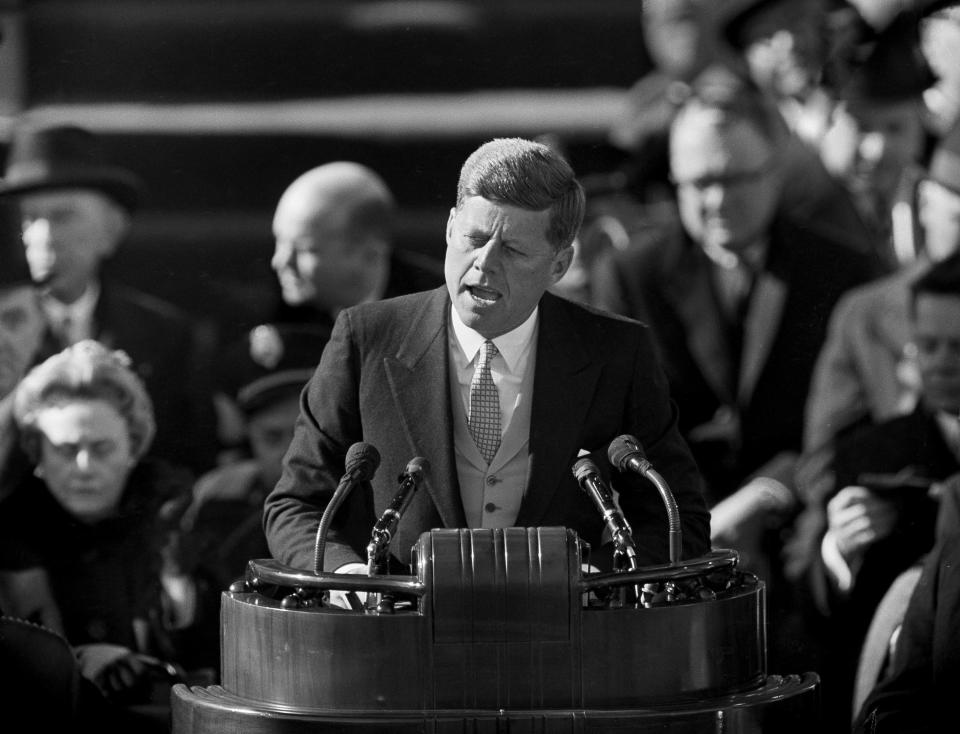 President John F. Kennedy delivers his inaugural address at Capitol Hill in Washington, after taking the oath of office on Jan. 20, 1961.