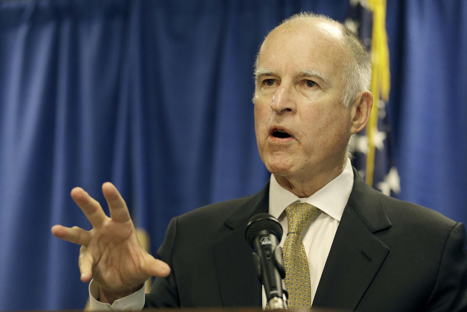 Gov. Jerry Brown declares a drought state of emergency while speaking in San Francisco, Friday, Jan. 17, 2014. With a record-dry year, reservoir levels under strain and no rain in the forecast, California Gov. Jerry Brown formally proclaimed the state in a drought emergency Friday, confirming what many already knew. Brown made the announcement in San Francisco amid increasing pressure in recent weeks from the state's lawmakers, including Democratic Sen. Dianne Feinstein. (AP Photo/Jeff Chiu)