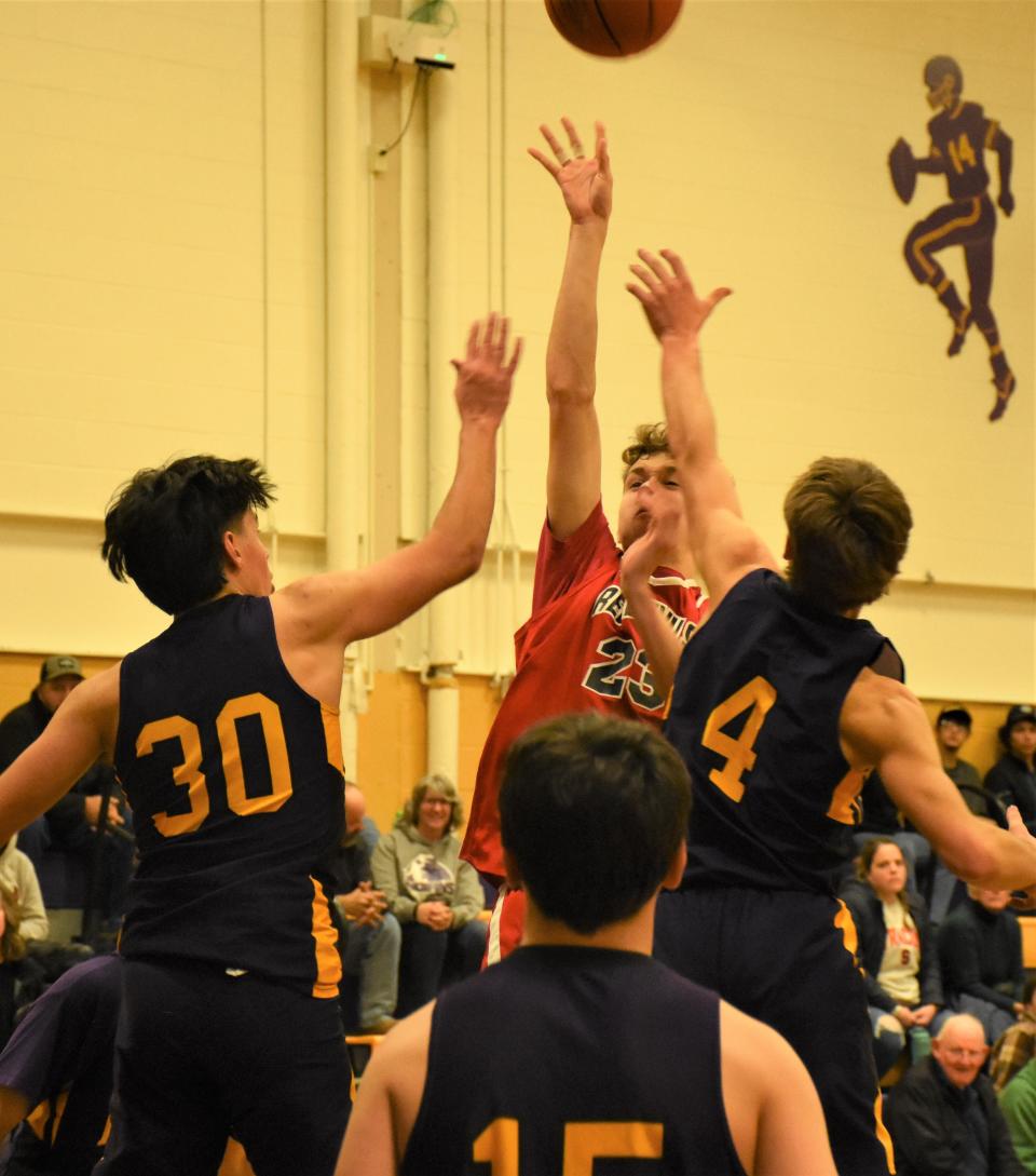 Vernon-Verona Sherrill's Eliijah Donegan (23) puts up a shot against Richfield Springs/Owen D. Young Saturday at the Richfield Springs/ODY Boys Tip-Off Tournament.