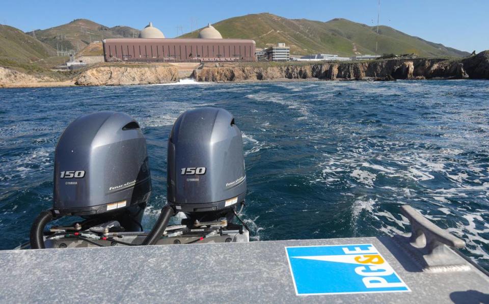 The twin reactors and the turbine building at Diablo Canyon nuclear power plant are seen in a view from the waters of Diablo Cove on Feb. 25, 2022. The cove would experience significant impacts in the plant's decommissioning.