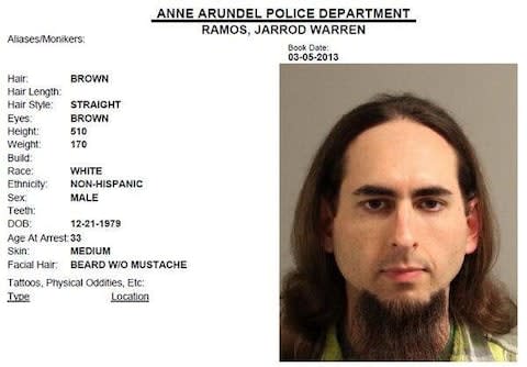 Jarrod Ramos is seen in this 2013 Anne Arundel Police Department booking photo obtained from social media - Credit: Reuters