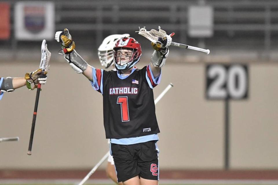 Charlotte Catholic’s Jack Ransom (1) reacts after scoring a goal against Cardinal Gibbons in the second half. The Charlotte Catholic Cougars and the Cardinal Gibbons Crusaders met in the NCHSAA 4A Girls Lacrosse Final in Durham , NC on May 19, 2023.