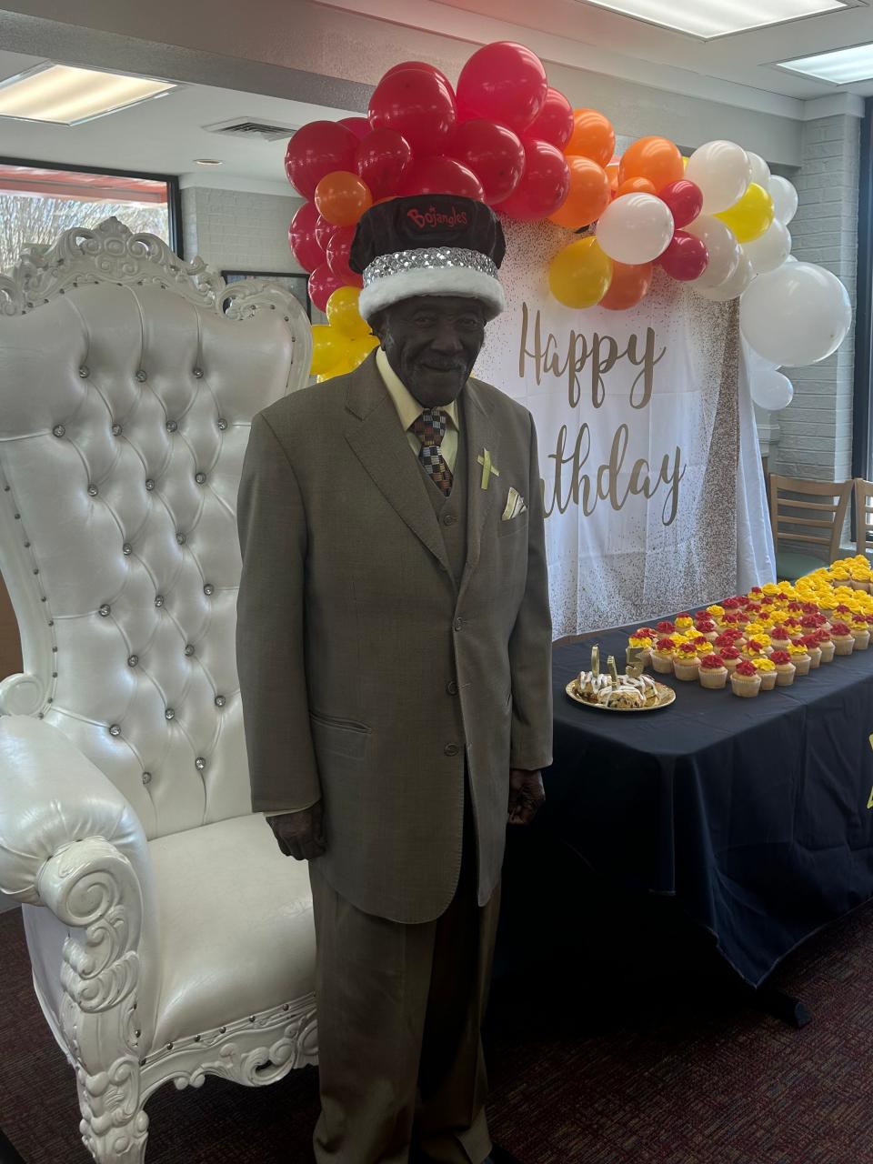 A photo of Charlie Lentz at his 105th birthday celebrations at a Bojangles restaurant in Winston-Salem, NC in March 2024