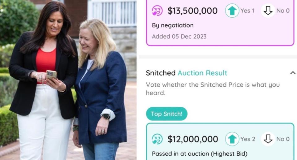 Real estate expert Tori Huxtable and tech project veteran Tamsin Lapointe looking at phone; Auction Snitch app screen