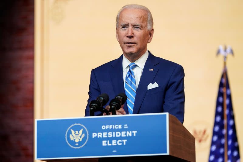 FILE PHOTO: U.S. President-elect Joe Biden delivers pre-Thanksgiving speech at transition headquarters in Wilmington, Delaware