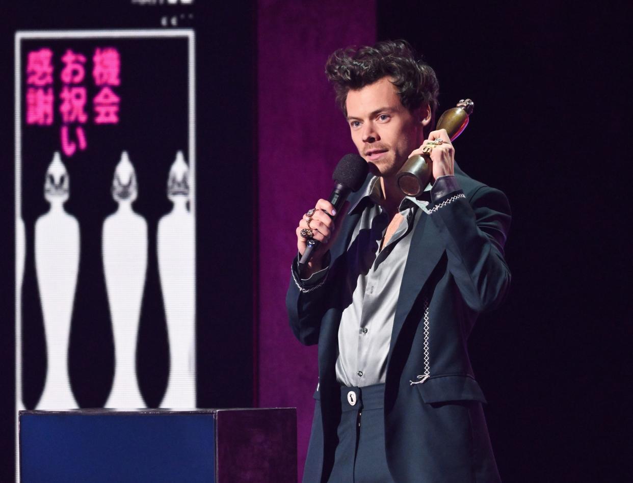 Harry Styles accepts the award for Artist of the Year on stage during The BRIT Awards 2023 at The O2 Arena on February 11, 2023 in London, England.