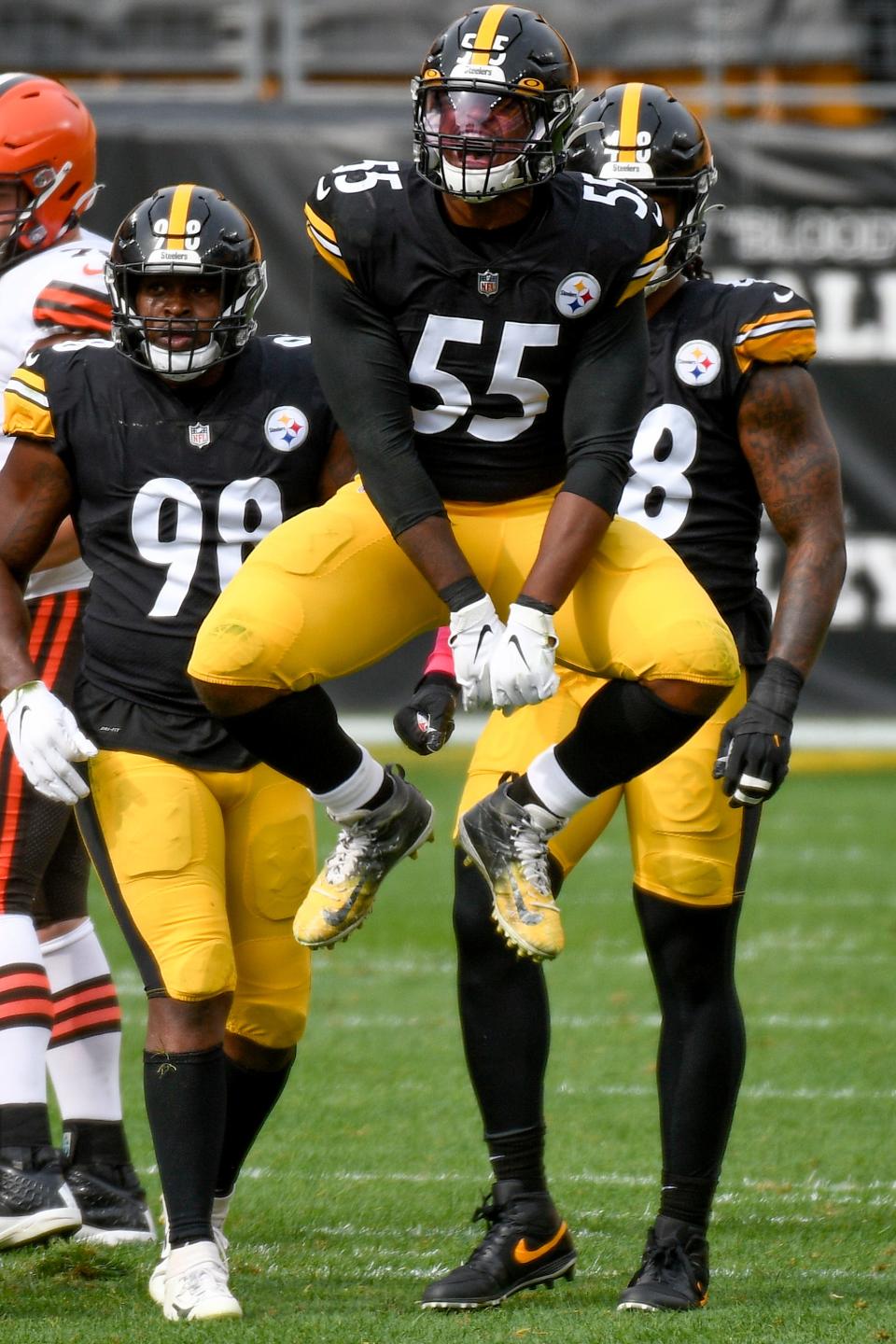 Pittsburgh Steelers inside linebacker Devin Bush (55) celebrates a defensive play against the Cleveland Browns on Oct. 18, 2020, in Pittsburgh.