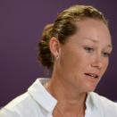 LONDON, ENGLAND - JULY 27: Samantha Stosur of Australia speaks during an AOC Press Conference ahead of the London 2012 Olympic Games at the Main Press Centre in Olympic Park on July 27, 2012 in London, England. (Photo by Harry How/Getty Images)