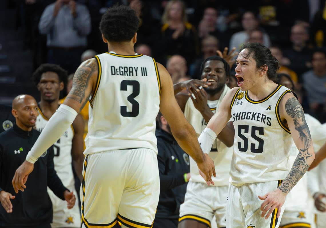 Wichita State’s Bijan Cortes is fired up during a timeout in the first half Wednesday against UTSA. Travis Heying/The Wichita Eagle