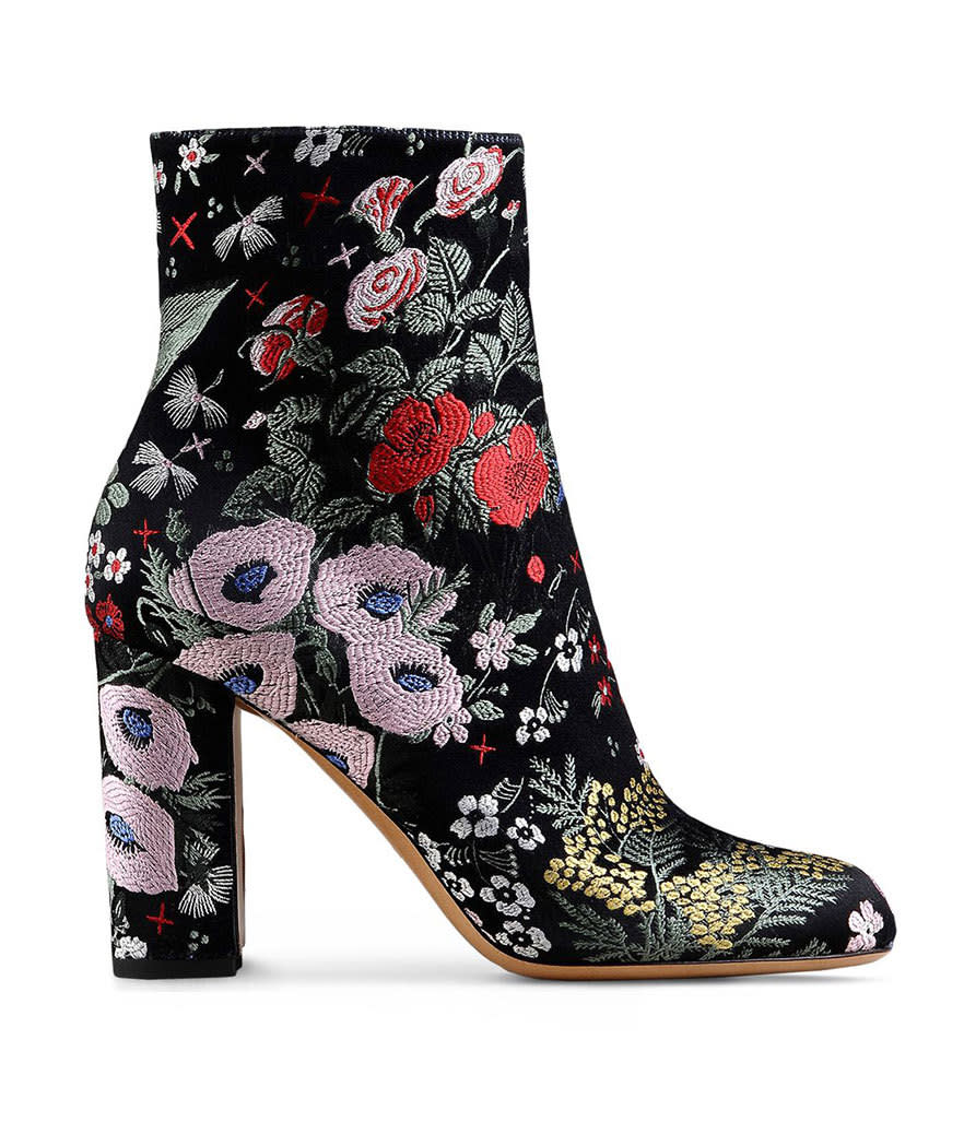 <p>Valentino Garavani Bootie in Camu Garden Embroidered Brocade Fabric, $897, <a href="http://www.valentino.com/us/boot_cod44845069cs.html" rel="nofollow noopener" target="_blank" data-ylk="slk:valentino.com;elm:context_link;itc:0;sec:content-canvas" class="link ">valentino.com</a></p>