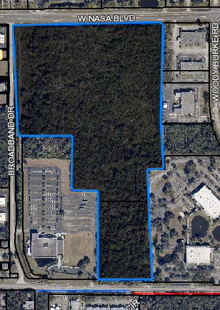 This map provided by the Melbourne Airport Authority shows the wooded 56-acre parcel. The red-lined road at the bottom of the map is Hibiscus Boulevard.