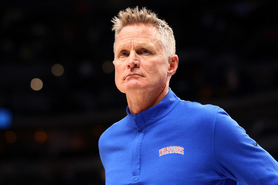 DENVER, CO - MARCH 07: Head Coach Steve Kerr of the Golden State Warriors walks off the court after a loss to the Denver Nuggets at Ball Arena on March 7, 2022 in Denver, Colorado. NOTE TO USER: User expressly acknowledges and agrees that, by downloading and or using this photograph, User is consenting to the terms and conditions of the Getty Images License Agreement. (Photo by Jamie Schwaberow/Getty Images)