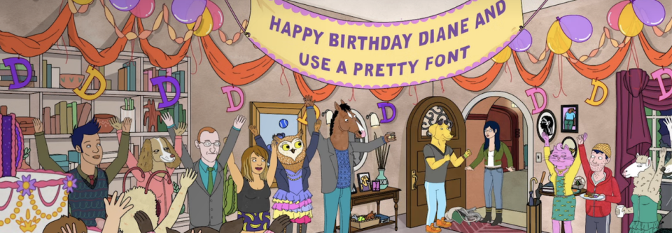 banner hanging in a cartoon reading, happy birthday diane and use a pretty font