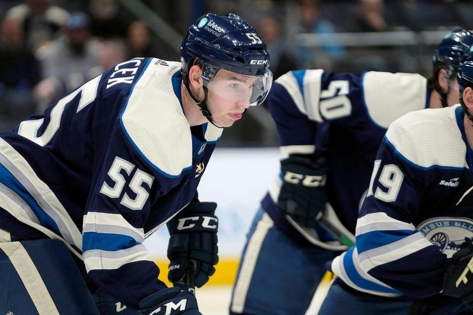 Oct 28, 2022; Columbus, Ohio, USA; Columbus Blue Jackets defenseman David Jiricek (55) against the Boston Bruins in the second period of the NHL game at Nationwide Arena. 