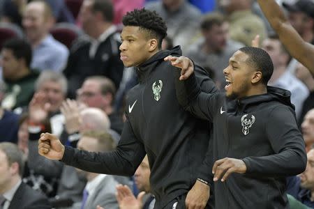 Mar 20, 2019; Cleveland, OH, USA; Milwaukee Bucks forward Giannis Antetokounmpo (34) reacts on the bench in the fourth quarter against the Cleveland Cavaliers at Quicken Loans Arena. Mandatory Credit: David Richard-USA TODAY Sports