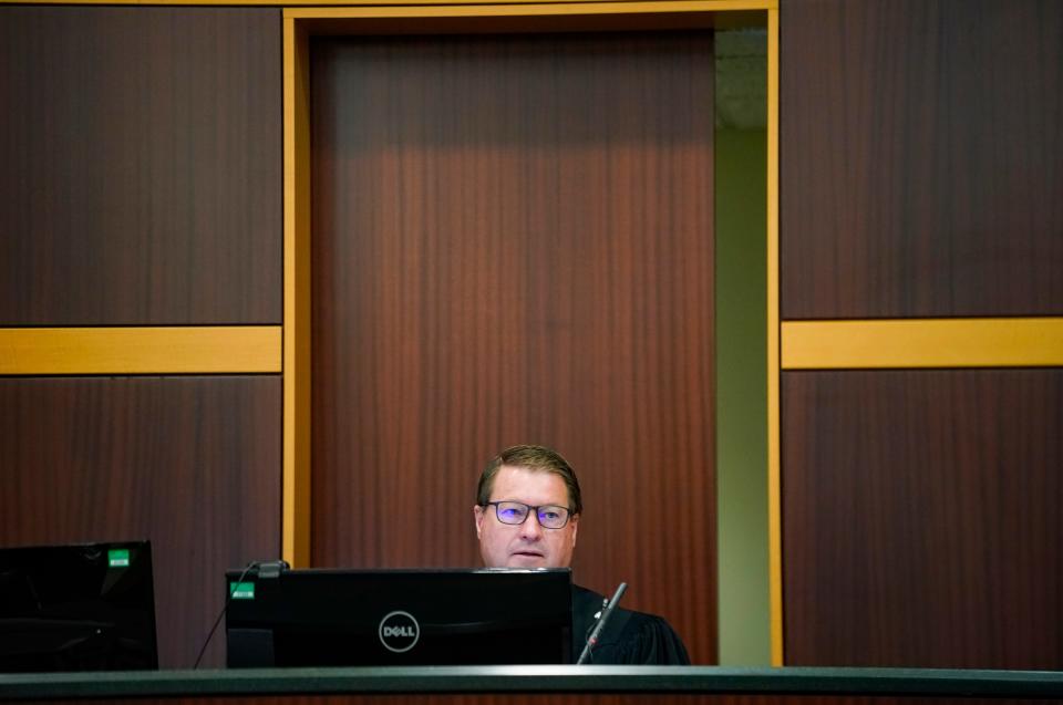 Lee Circuit Judge Nicholas Thompson listens during the Wade Wilson capital murder trial at the Lee County Courthouse in Fort Myers on Monday, June 3, 2024. Wilson is facing two first-degree murder charges among others.