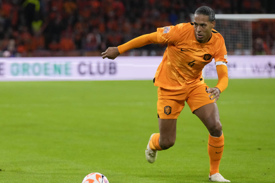 Netherlands&#39; Virgil van Dijk during the UEFA Nations League soccer match between the Netherlands and Belgium at the Johan Cruyff ArenA in Amsterdam, Netherlands, Sunday, Sept. 25, 2022. (AP Photo/Peter Dejong)